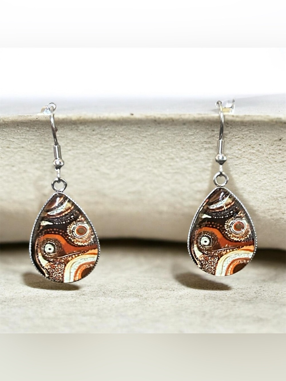 Brown & Orange Filigree Glass Teardrop Earrings Uniquely Artistic Pattern Design